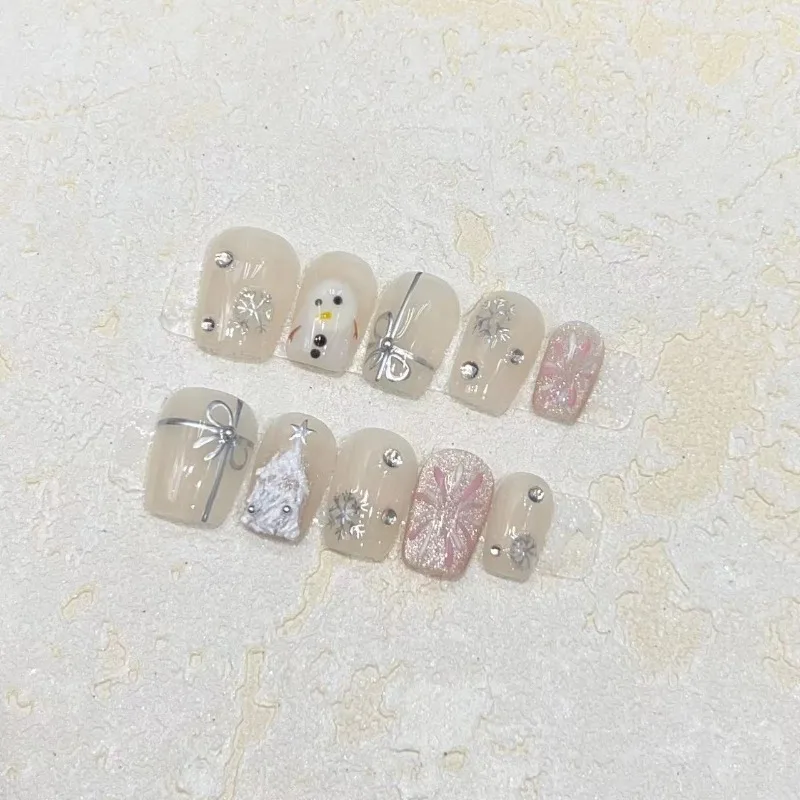 10Pcs /Set Full Cover False Nails Press on Nails  Handmade Patch Removable Fake Nails Fireworks Christmas snowflake Snowman