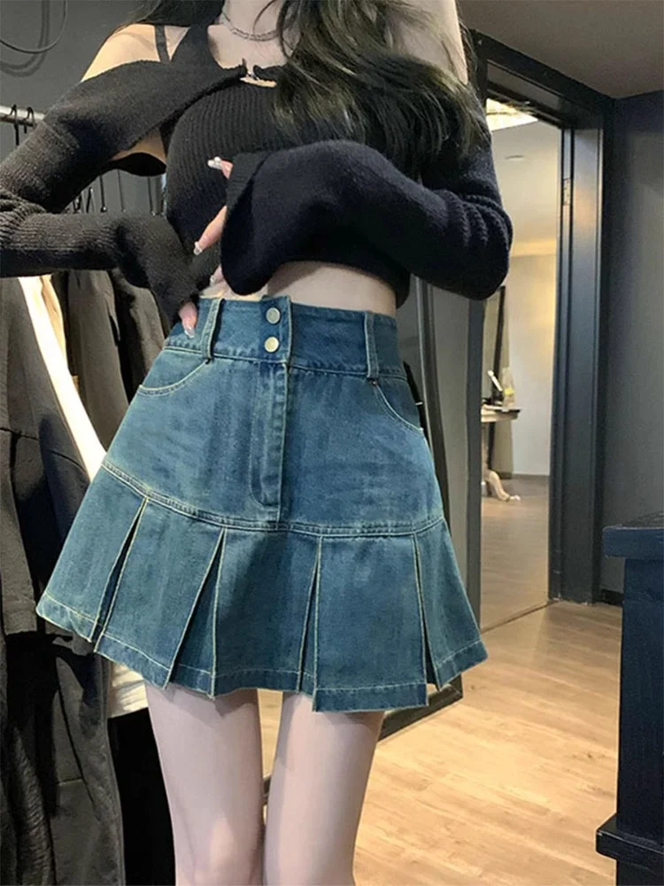 

High Waist Pleated Denim Skirt Women's plus Size Autumn Faion Belly Covering Slimming Design A-Line ort Skirt