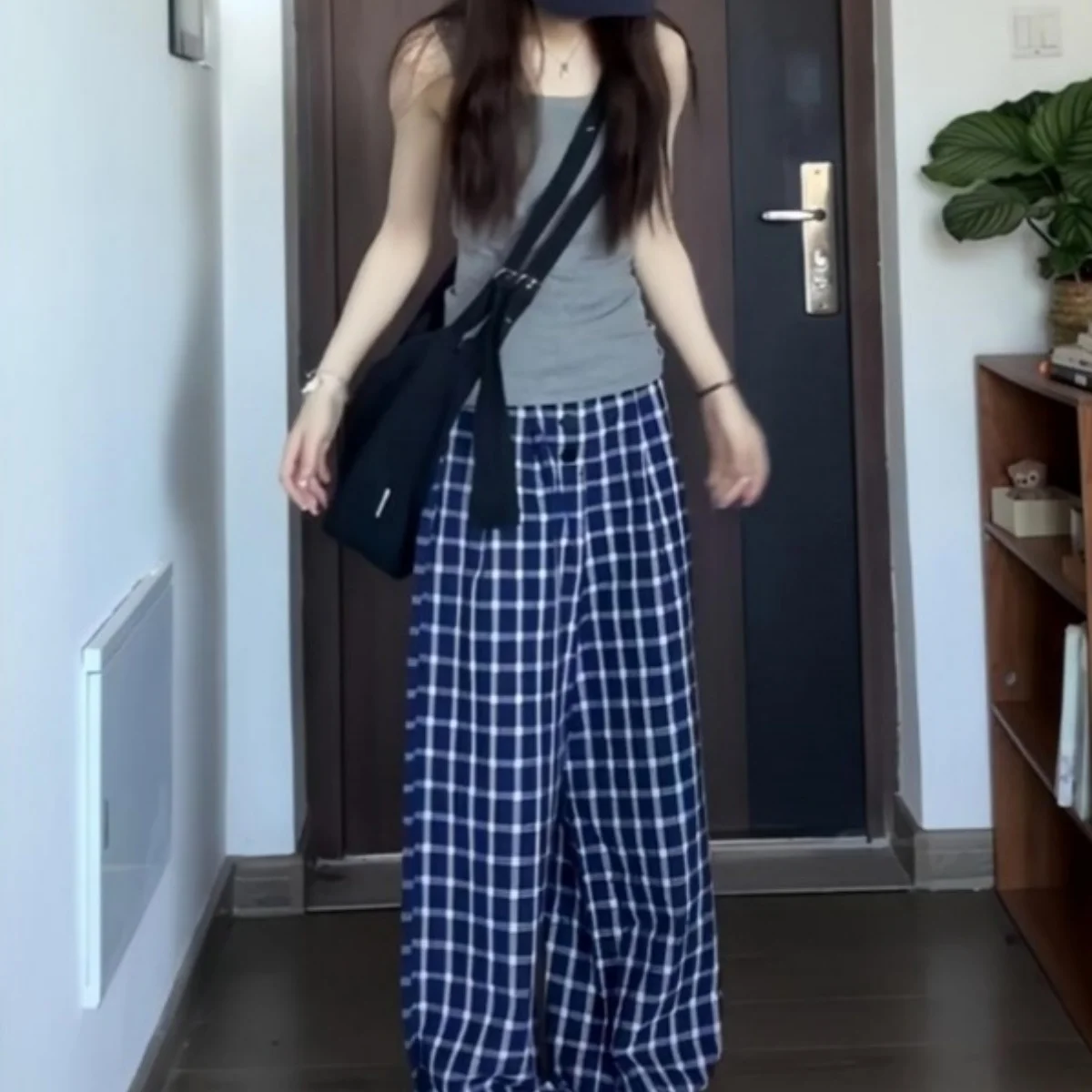 Blaue karierte Hose für Damen, lässig, Übergröße, hohe Taille, Taschen, weites Bein, Frühling, locker, Büro, Ausgehen, Spaziergang, lange Hose – Detail 11