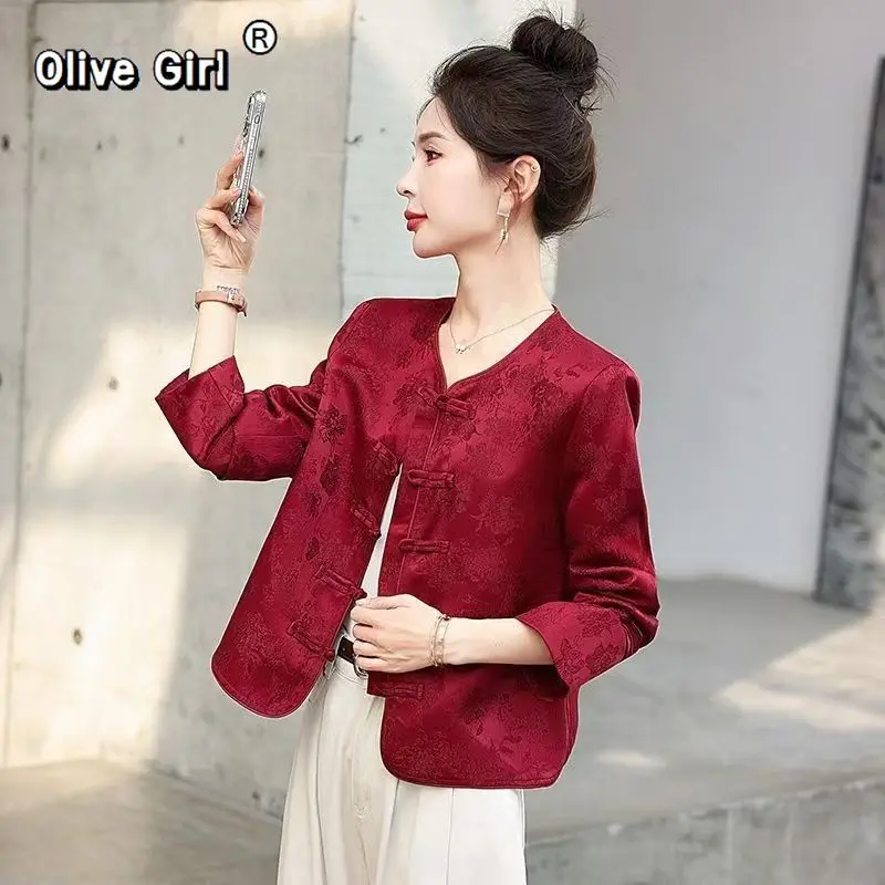 Chinese Traditional Top Tang Red Jacquard Embroidered Button Up Coat Jacket Autumn Spring Outerwear Modern Chinese Clothing
