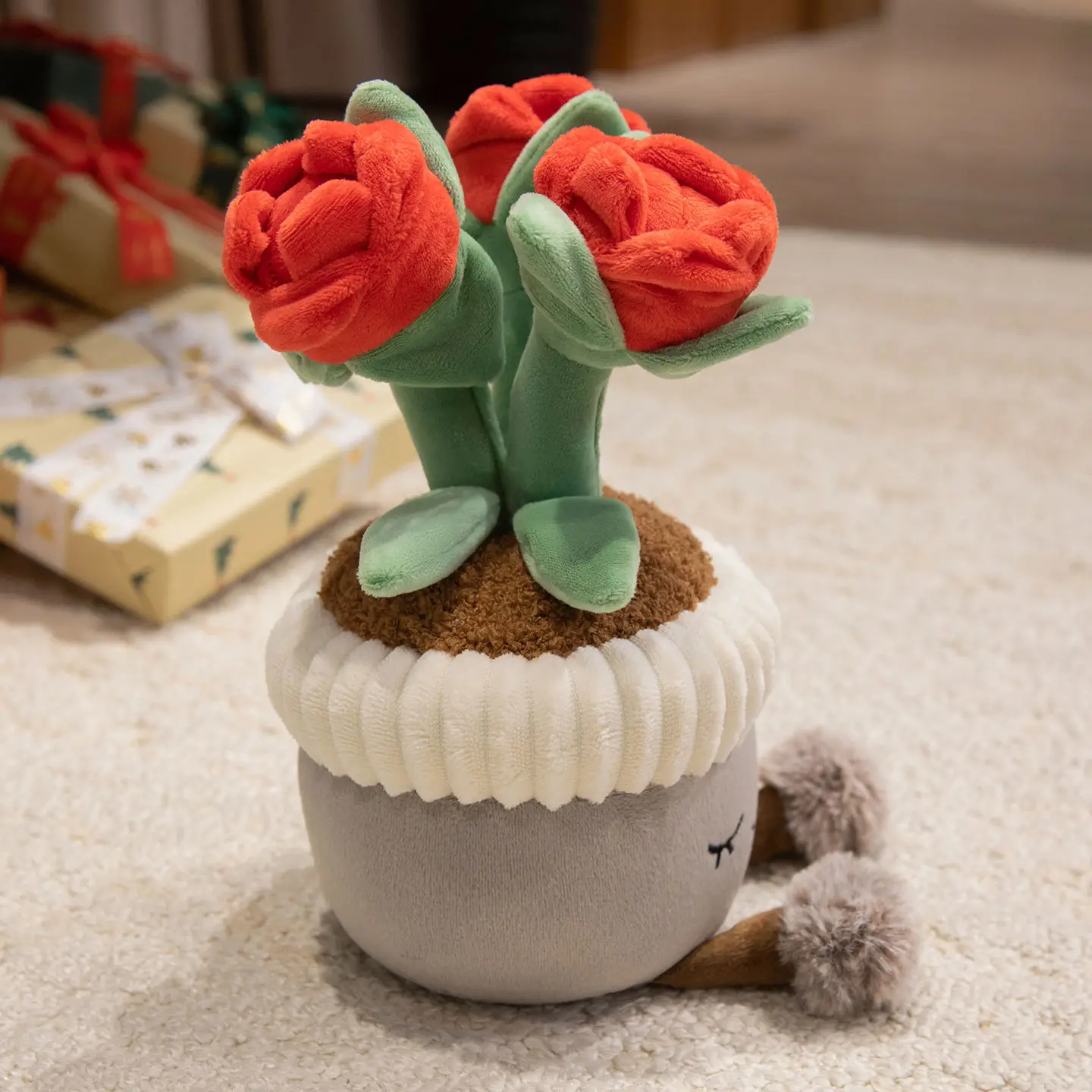 Potted Roses Plushie Stuffed Smiling Face Flower Plant with Legs Pink Red Decoration for Home Office Gift