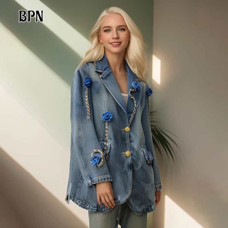 

Куртка BPN женская джинсовая с аппликацией, свободная повседневная верхняя одежда из денима с лацканами и длинным рукавом, в стиле пэчворк, с цепочкой, модный тренд в винтажном стиле