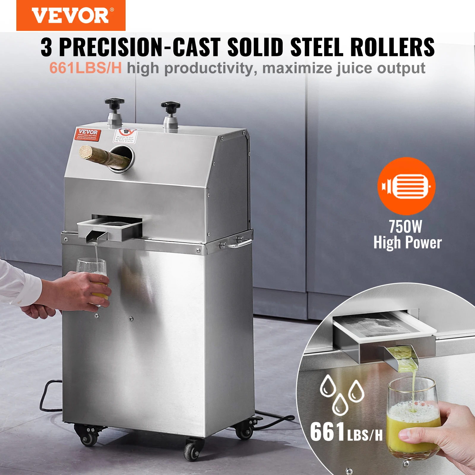 VEVOR Electric Sugar Cane Juicer 750/800W Sugarcane Juicer Machine 3/4 Stainless Steel Rollers for Home and Commercial