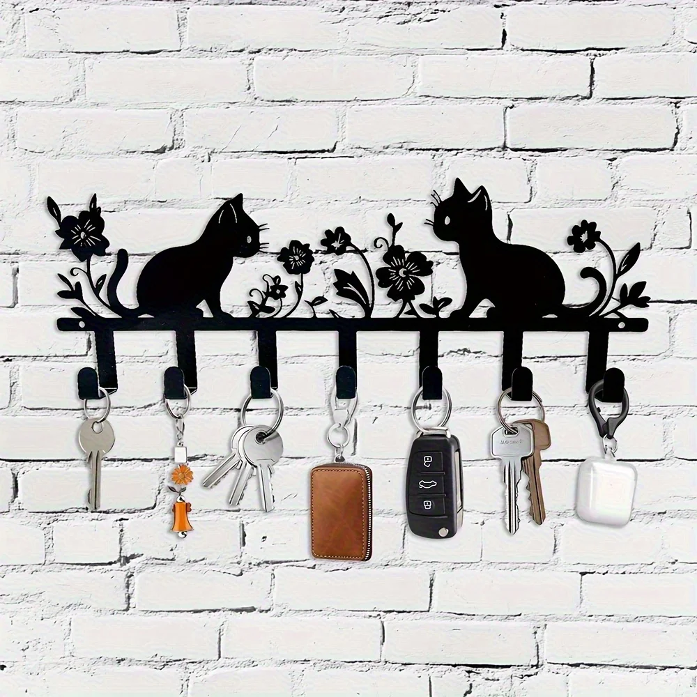 CIFBUY Metal Wall Hook Cat Flower Key Holder Stylish Painted Decorative Key Rack Easy Install Living Room Bathroom Storage