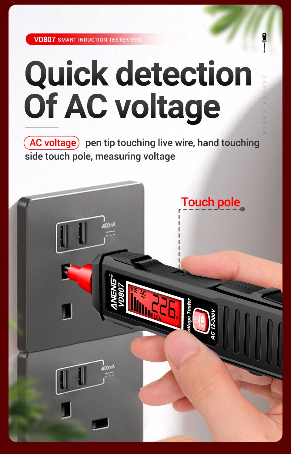 ANENG VD807 Ein-Wort-Induktionstester Tragbarer 50/60 Hz intelligenter elektrischer Stift NCV-Sensor AC 12-300 V berührungslose Drahtdetektor-Werkzeuge – Detail 8