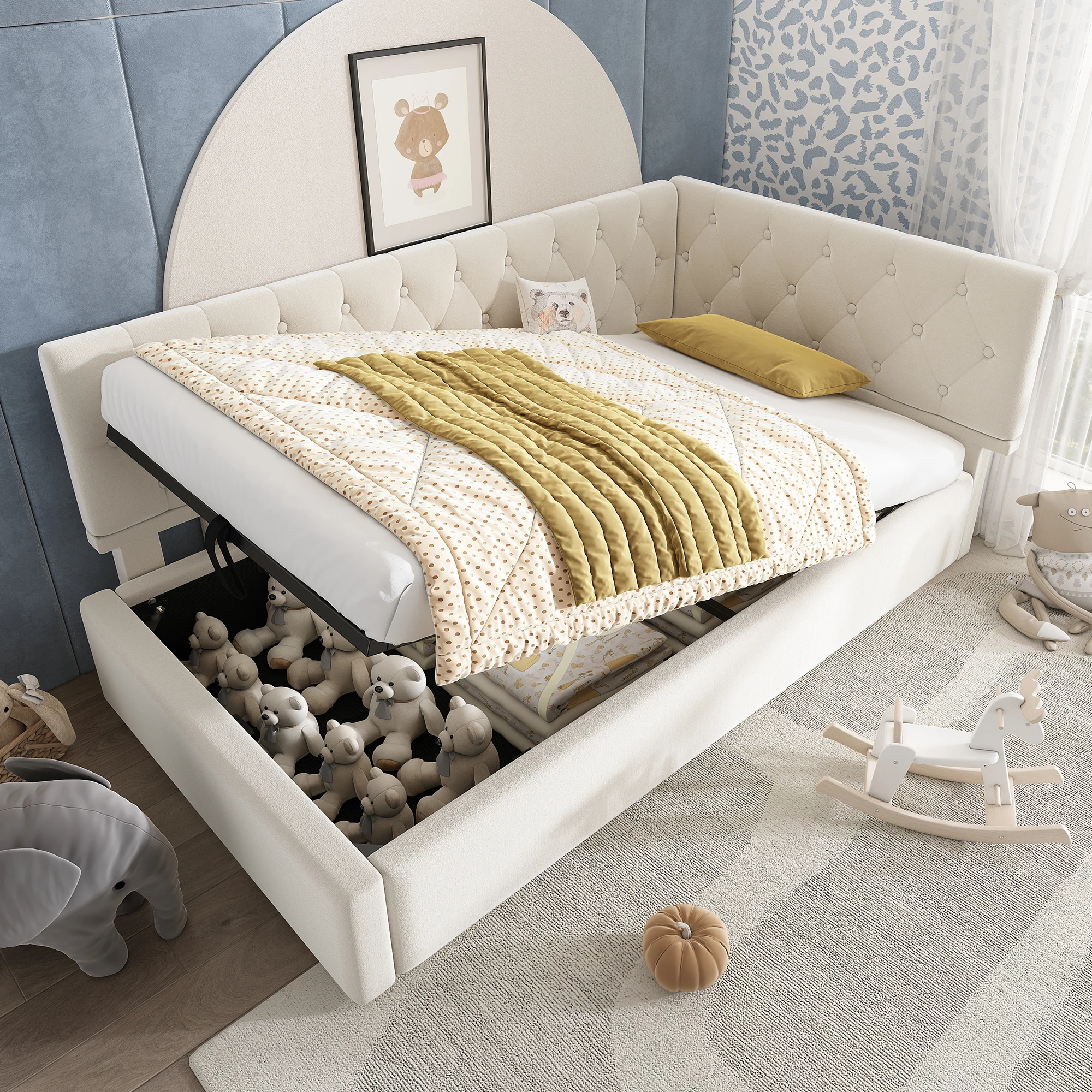 Lit banquette, lit simple avec coffre hydraulique et tête de lit réversible - 90 × 190 cm - sans matelas - Beige
