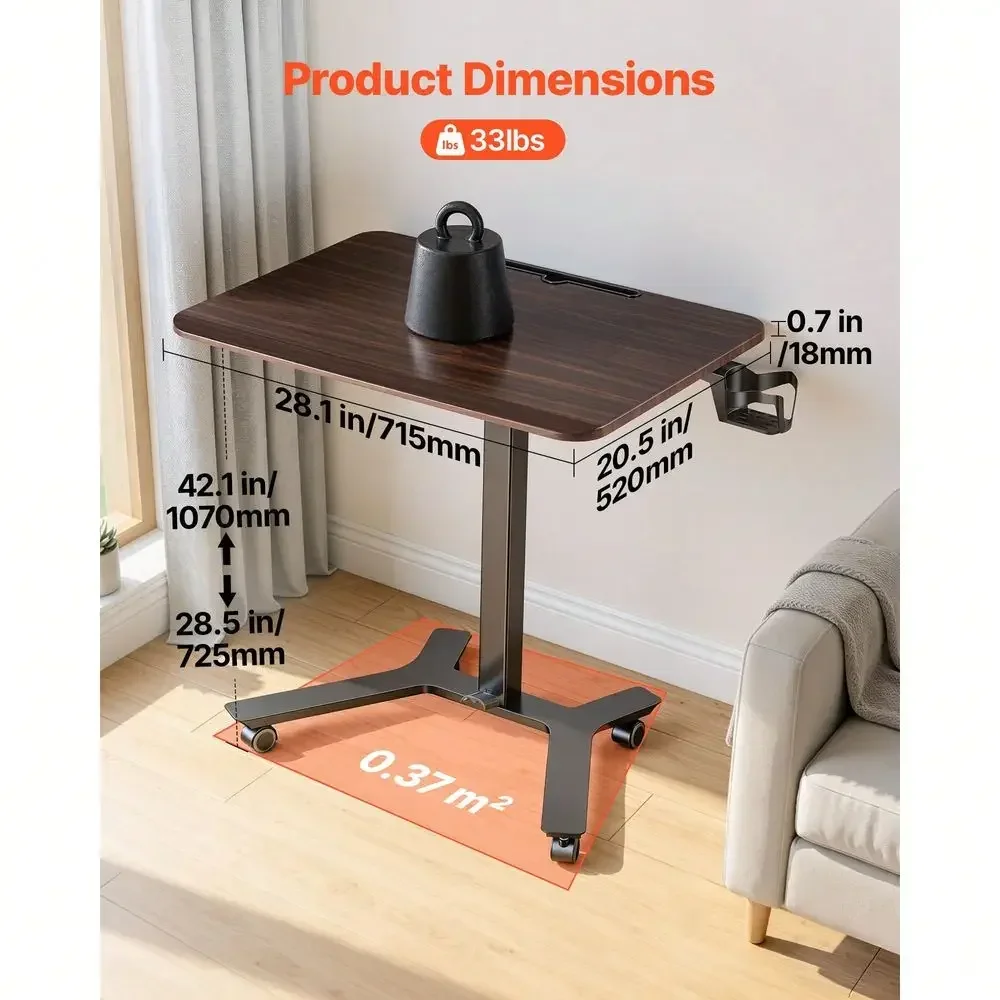 Desk, Adjustable Height Mobile Stand Up Desk W Casters, 28.2 X 20.5 In Small Computer Sit Stand Rolling Workstation W Hook, 33