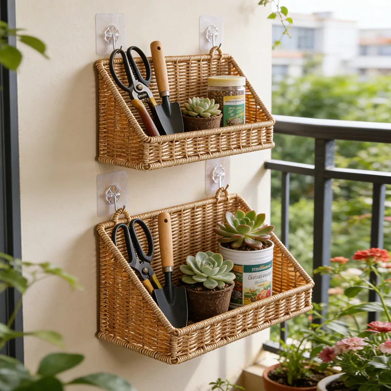 Gewebter Wandmontierter Aufbewahrungskorb aus Rattanimitat, Schräges Regal für Küche, Wohnzimmer, Bad, Schlafzimmer, Balkon