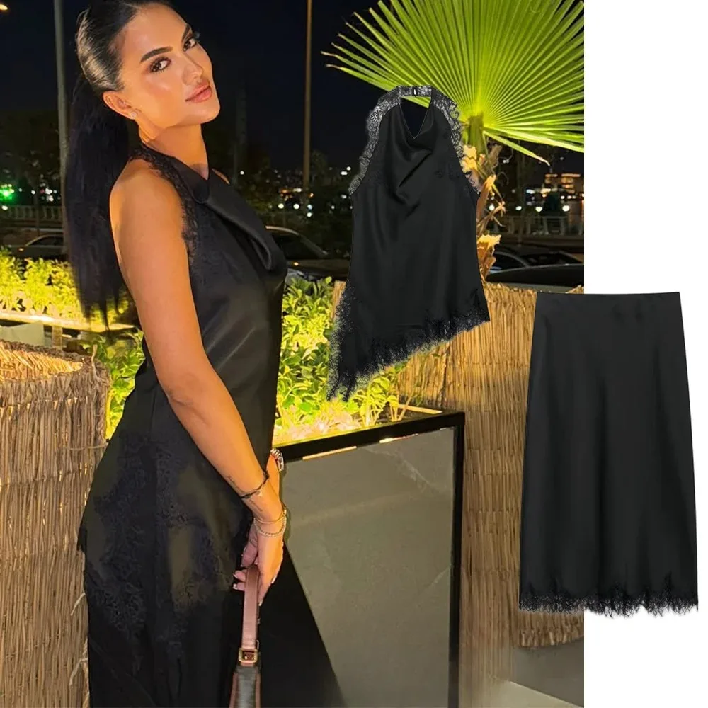 KONDALA Sexy Chic Schwarz Spitze Frauen Anzüge Halter-Backless Satin Top Hohe Taille Gerade Lange Hosen Mode 2025, Abend Club Sets