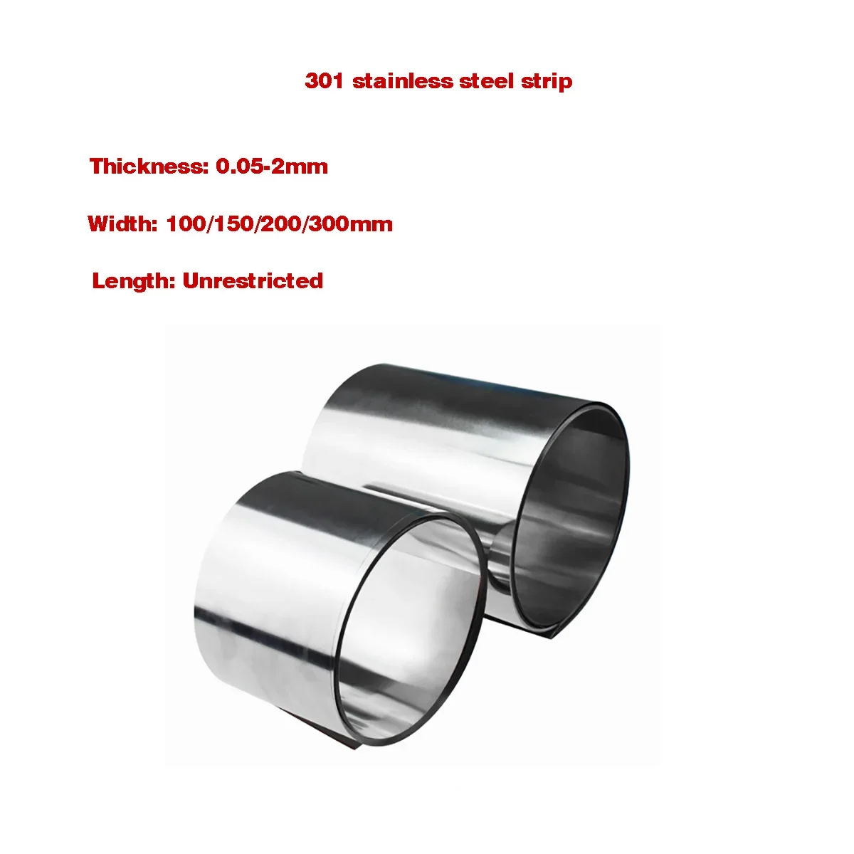 301 Stainless Steel Strip Thin Steel Plate Thickness 0.05/0.1/0.15/0.2/0.3/0.5-2mmWidth 4/5/8/10/15/20/25/30/35/40/45/50mm