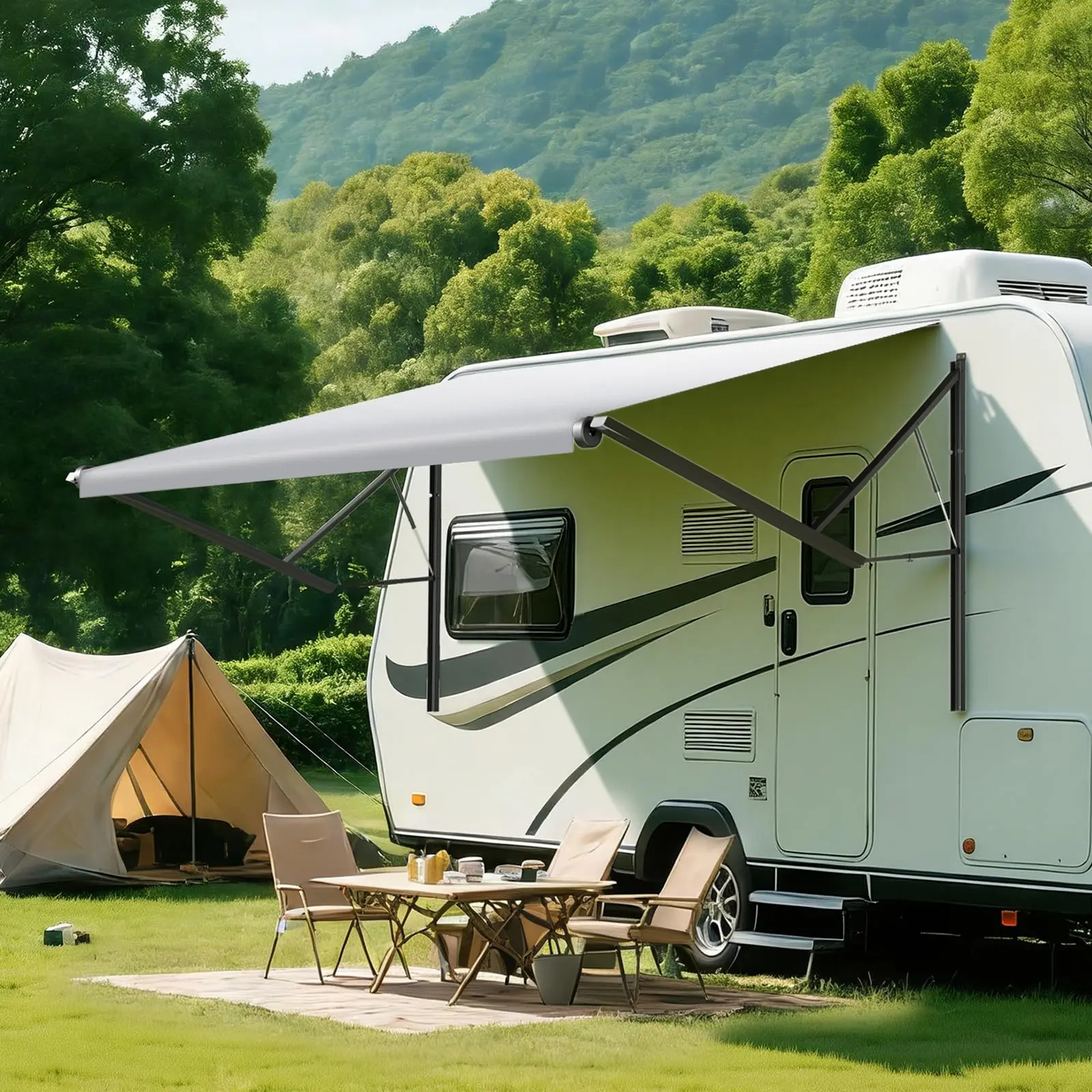 10FT Electric RV Awning, Motorized Retractable Awning Kit with Manual Crank, Adjustable Arms, Waterproof Vinyl Canopy