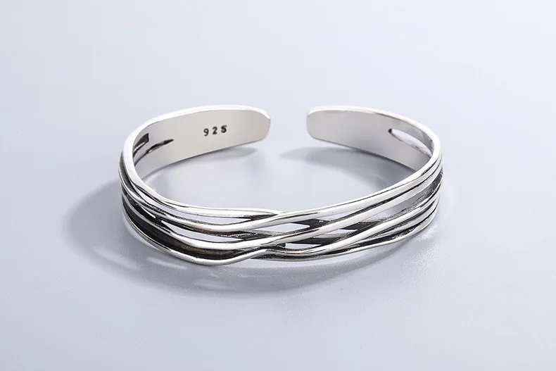 Bracciale Bangle In Argento 925 Intrecciato - Largo E Regolabile Per Uomo E Donna, Gioiello Geometrico