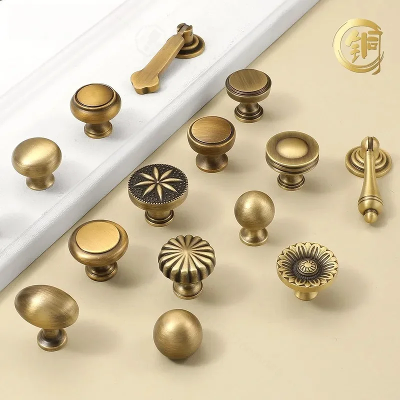 American Bronze Brass Single Hole Cabinet Door Handle French Retro Round Wardrobe Drawer Small Knob