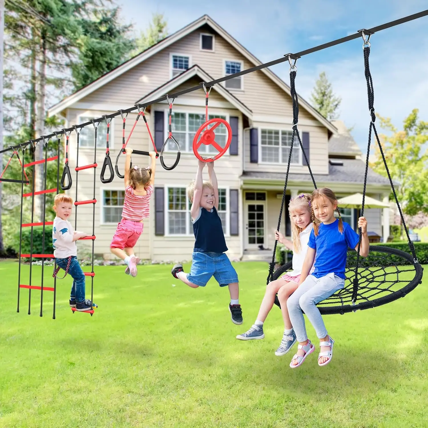 50 ft Ninja Warrior Obstacle Course for Kids with Tree Swing, Portable Slackline Swing Set with Weather-Proof Obstacles, Tree Ju