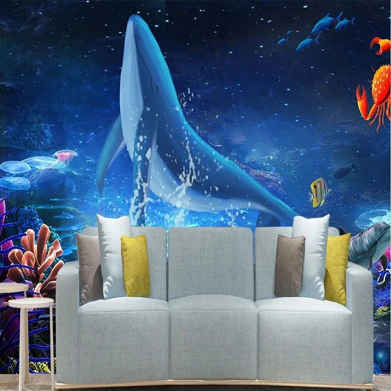 

Custom 3D Cartoon Wallpaper Hand-drawn Fantasy Starry Night Underwater Whale Mural For Kids Room Children's Wall Decor Fresco