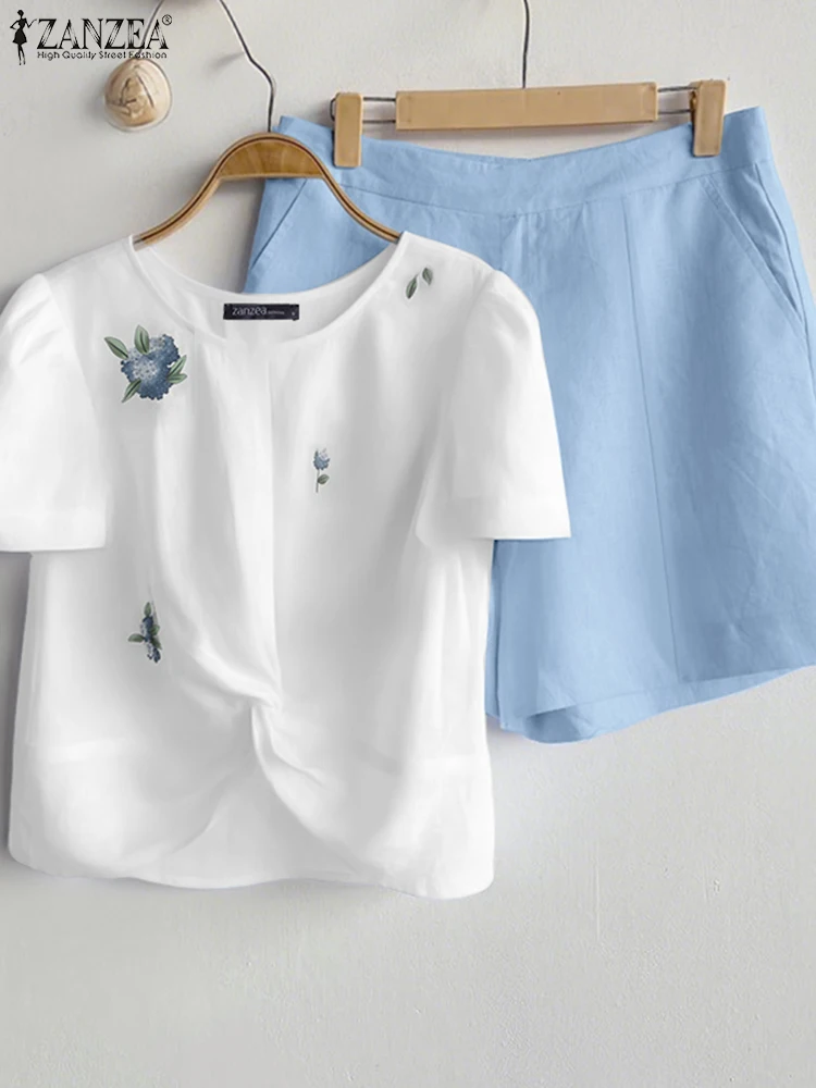 2025 ZANZEA Loose Women Sets Fashion Printed T Shirts Short Pants Matching Sets Summer Solid Elastic Waist Shorts Suits 2PCS