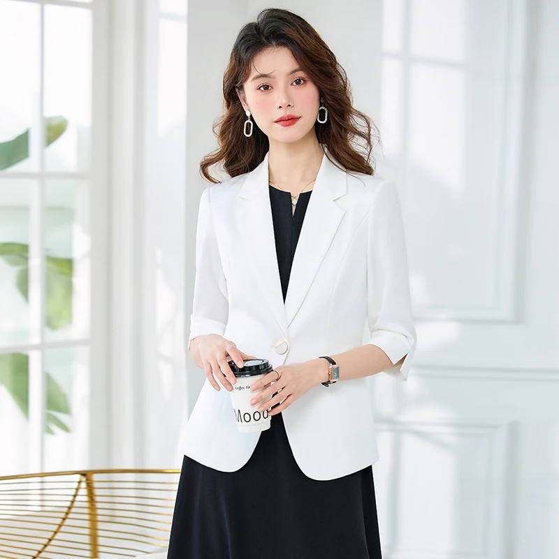 

Quality White Elegance Satin One-Button Summer Fashion Suit with Mid-Sleeves Slim Fit Outerwear