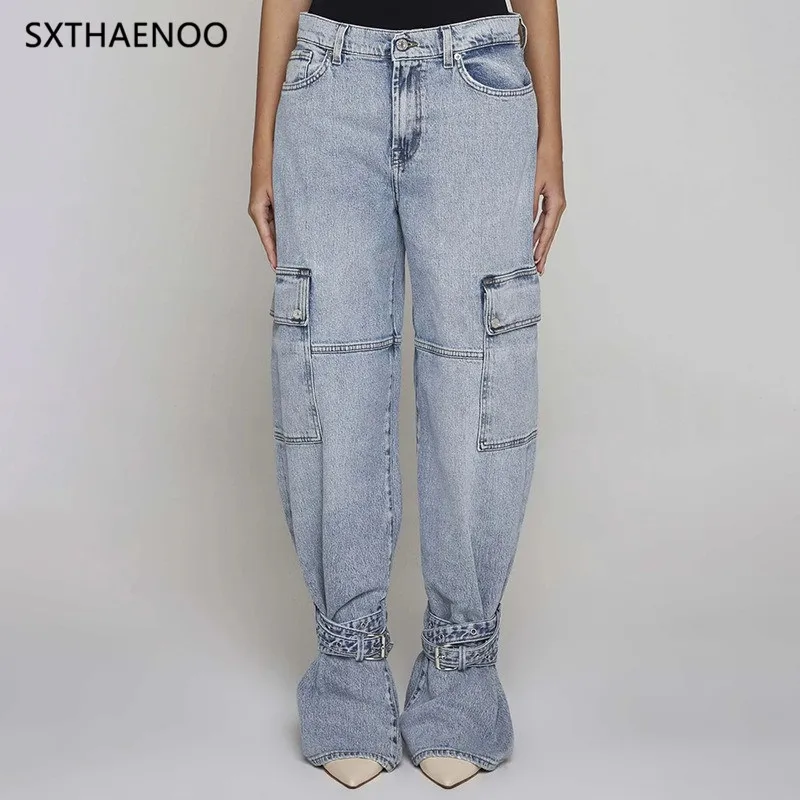

SXTHAENOO New Style Women's Slim Straight Workwear Jeans Washed Tie Durable Casual Fashionable Trousers Mid Waist Long Pants
