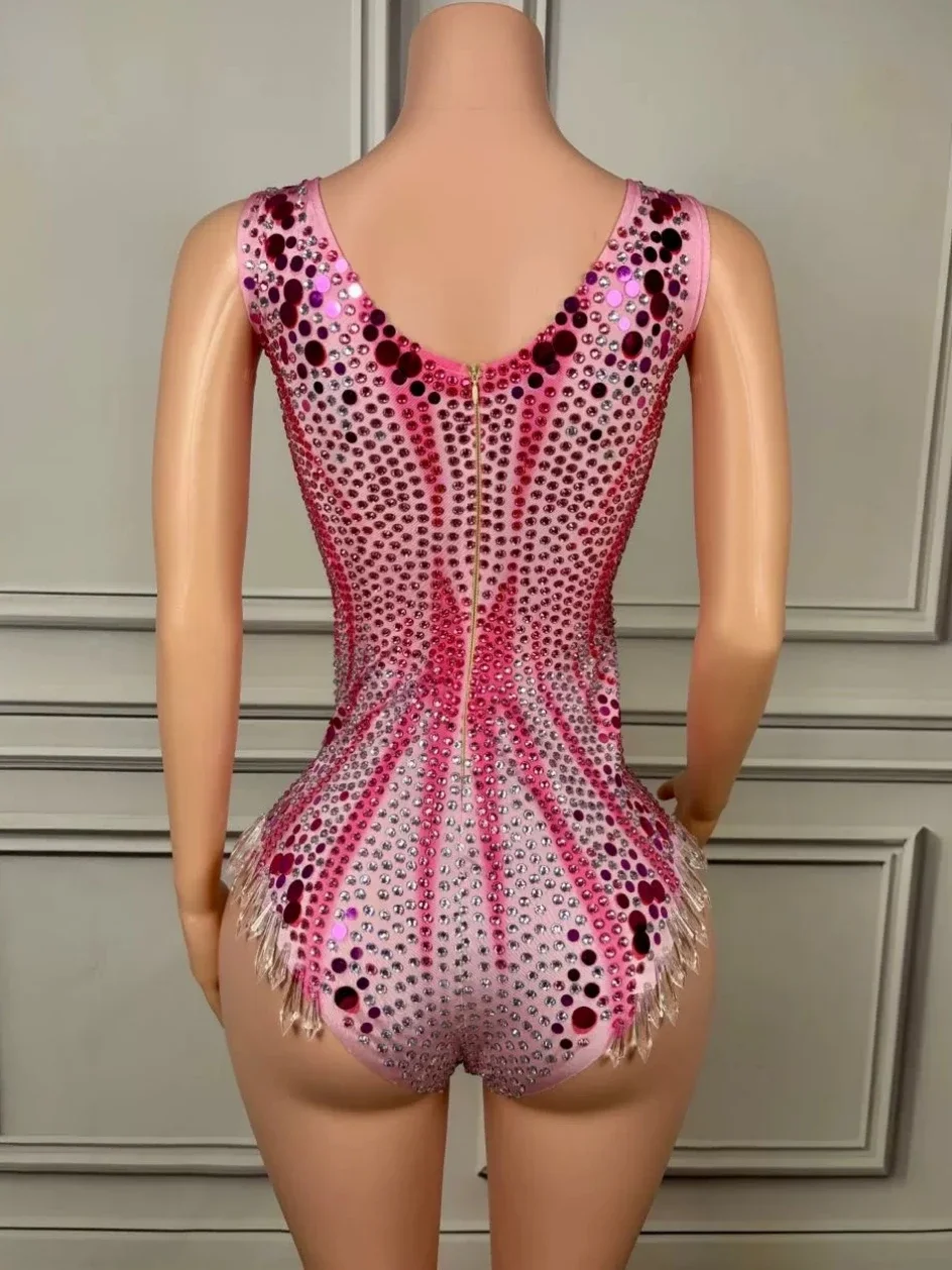 Bodysuit de lantejoulas sexy com diamantes, lantejoulas piscando, rosa, traje de desempenho para bar, boate, cantor, bailarino, desgaste do palco