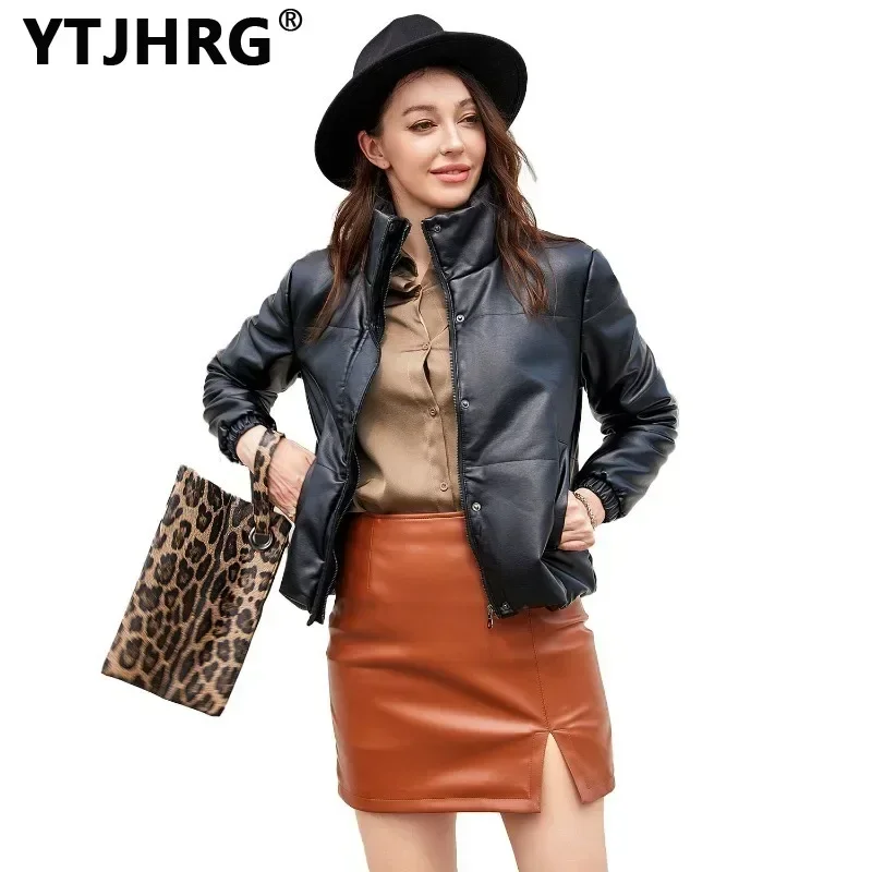 YTJHRG Jackets Women\'s Thicken Parkas Stand Collar Coats 2024 New Female Clothing Motor Biker Zipper with Pocket Autumn Winter