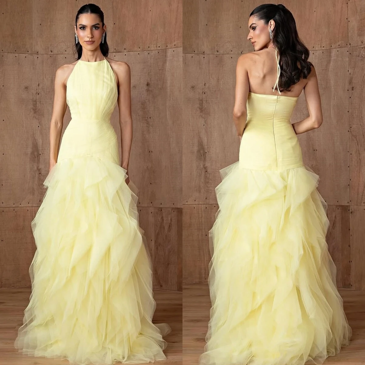 

Customized Simple Yellow Organza Evening Dress Formal Halter Sleeveless Homecoming Dress Delicate Backless A-Line Party Dresses