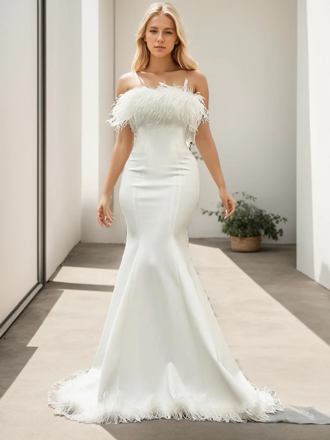 Modern Mermaid Wedding Dress Strapless Feather Embellishment Stretch Crepe Fabric Sweep Train Bridal Gown 2025 Free Customized