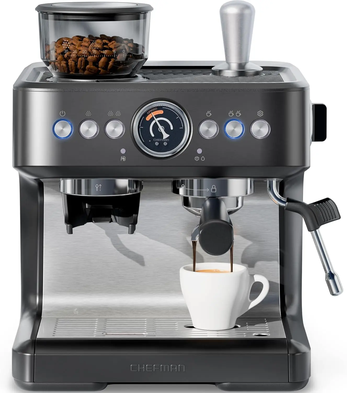 

Crema Deluxe Espresso Machine with Double Boiler, Use Milk Frother and Brew Espresso Simultaneously, Professional Coffee Maker