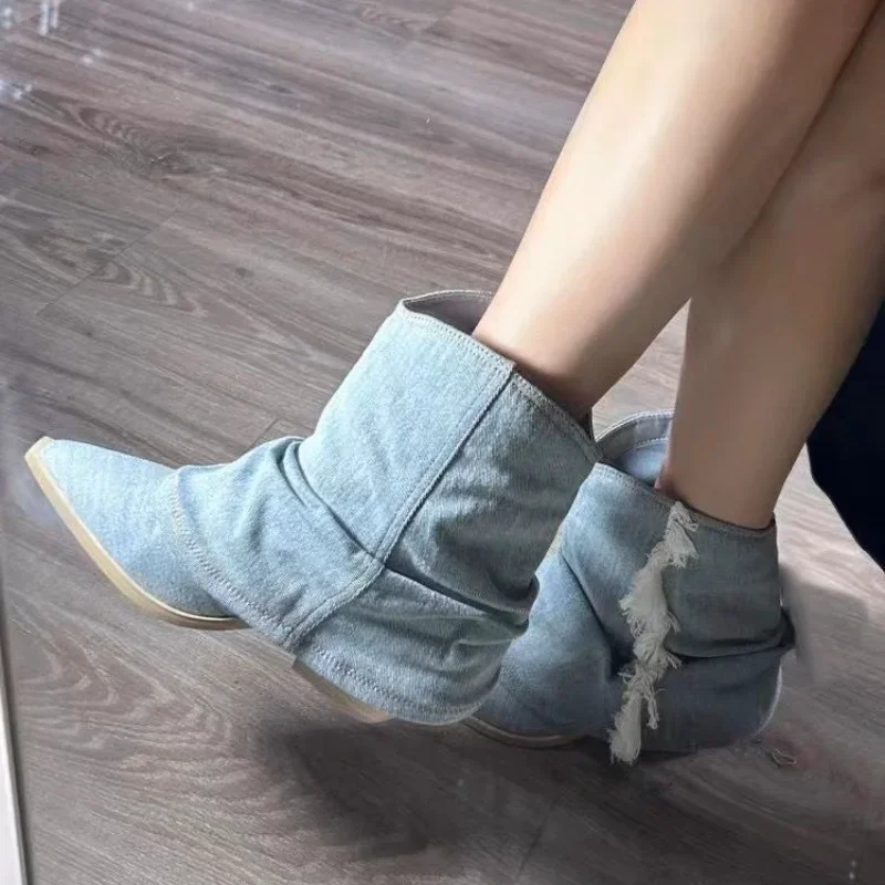 

Pointy Toe Ladies Ankle Boots 2023 New Blue Canvas Denim Women's Boots Casual Comfortable Western Cowboy Boots Botines Mujer