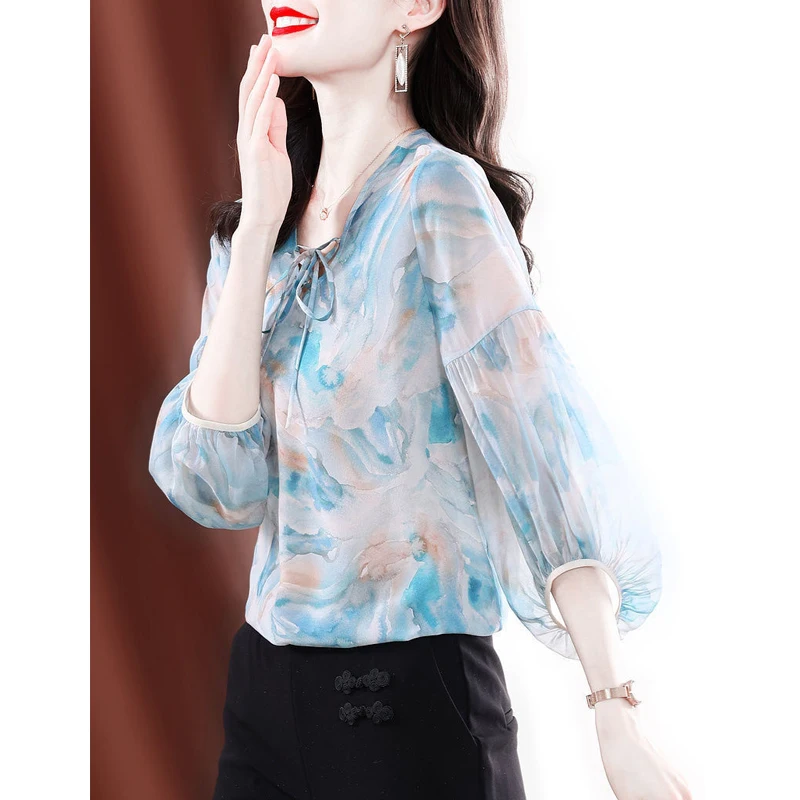 Womens Clothing 2023 Summer Trendy Print Lace Up Chic Blouse Sweet V Neck 3/4 Sleeve Loose Street Shirt Chic Chiffon Tops Blusas