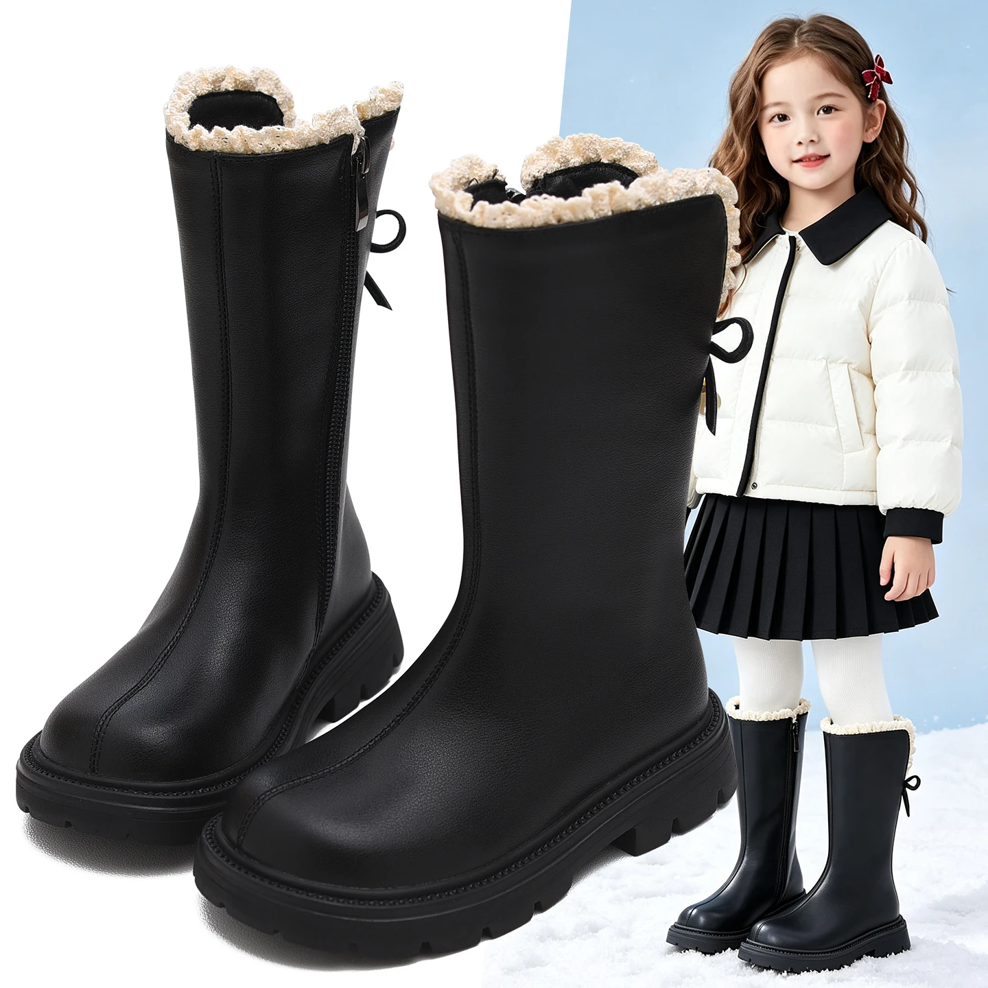 Girls' leather boots, children's long boots with plush cotton boots, anti slip soft sole, little girls' high boots, autumn and w