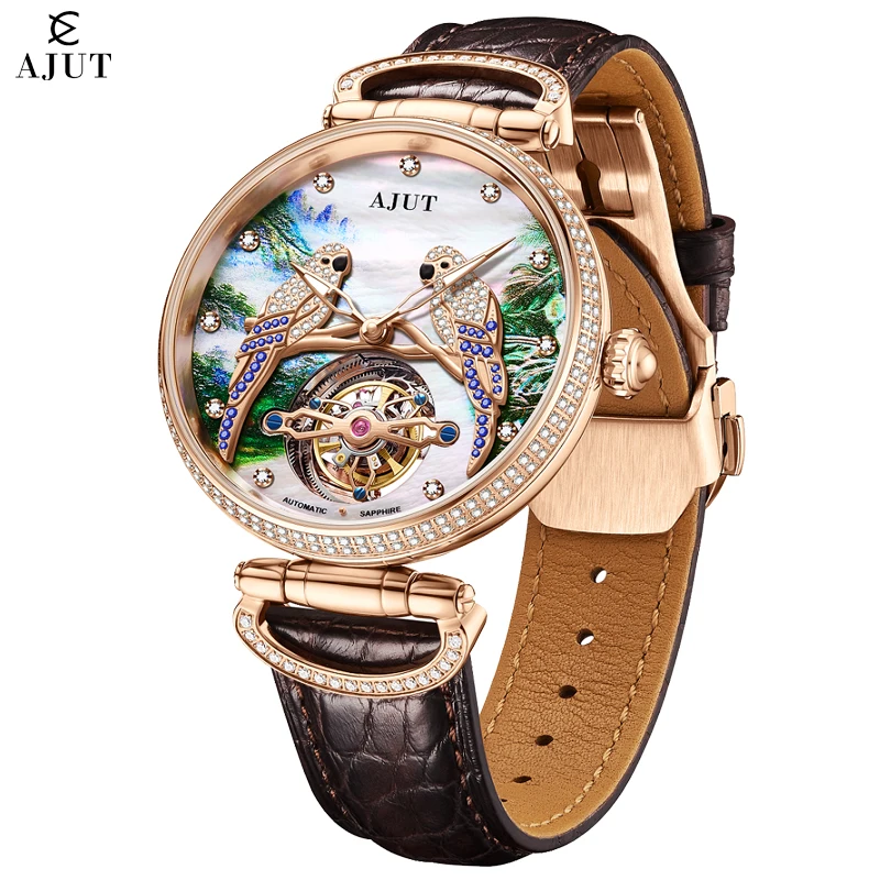 AJUT Automatic Tourbillon Movement Man Watch Skeleton Mechanical Sapphire Parrot Inlaid With Zircon Men's watches Luxury 0327