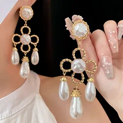 Silver Needle Water Drop Pearl Flower Tassel Earrings for Women French Vintage Palace Style Drop Earrings Vintage Jewelry