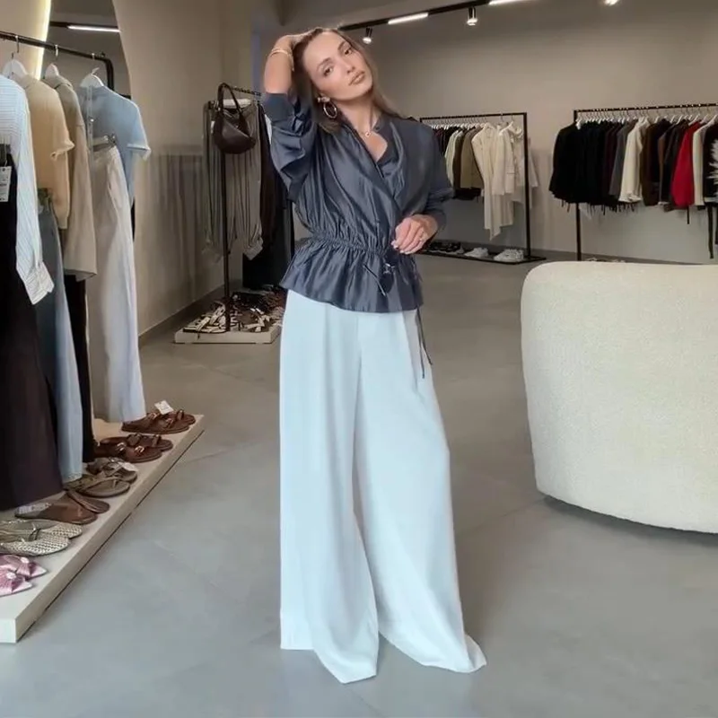Damen Oversize-Bluse Langarm mit seitlicher Knopfleiste und Kordelzug in der Taille, plissiertes Hemd, modische Büro- und Party-Oberteile, einfarbig, locker geschnitten – Detail 5