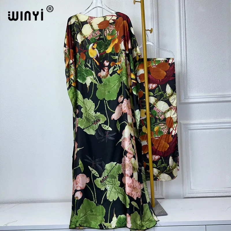 WINYI 2024 New African Women Dashiki boho print muslim woman dubai Free Size Design With Scarf Maxi Loose African Elegant Dress