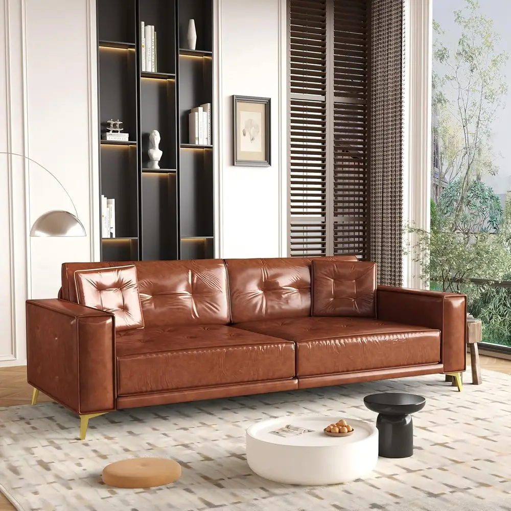 

King Size Pull-Out Sleeper Sofa with Leather-Look Upholstery, Tufted Back, 2 Pillows, Gold Legs, Suitable for Deep Seating or Li