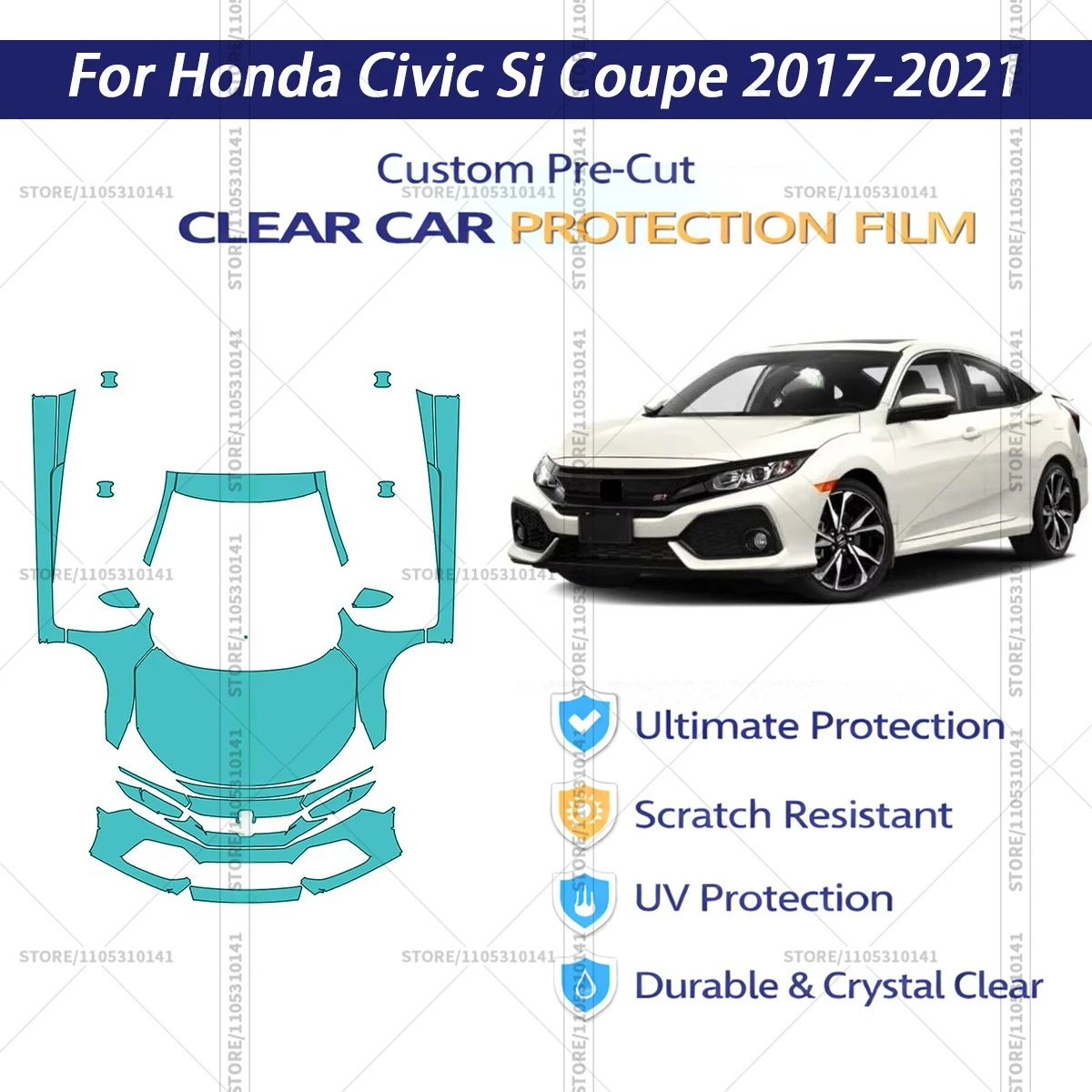 

Защитная пленка PPF (прозрачный браслет) для Honda Civic Si Coupe 2017-2021, предварительно вырезанная, комплект для передней части + пороги, 8.5 мил