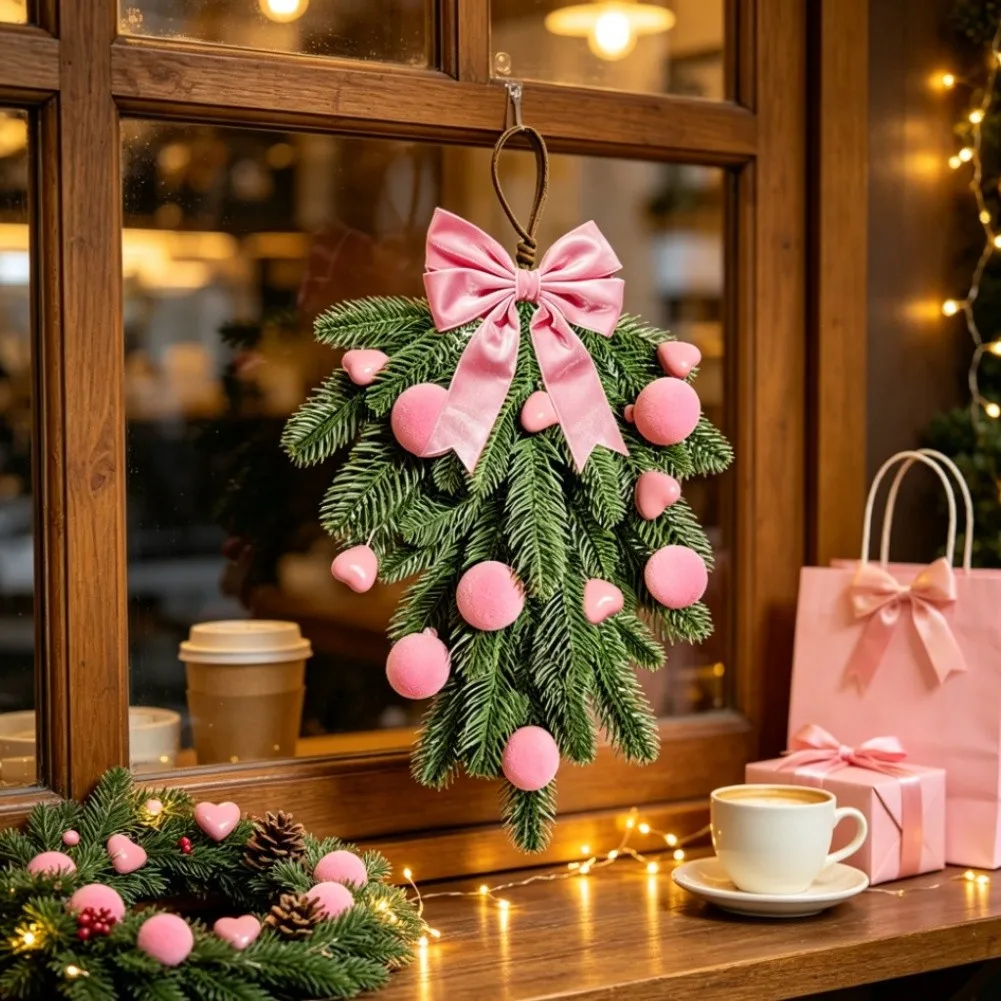 Flocked Teardrop Garland With Bow Fake Plant Door Wall Hanging Decor For Christmas Tree Ornament Holiday Seasonal Decoration