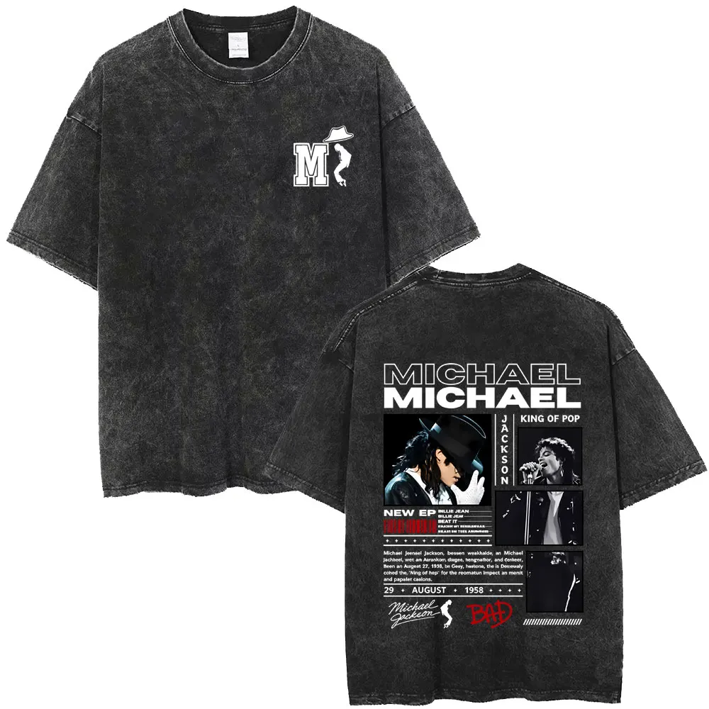 Washed Vintage Michael Jackson Album Cover Graphic T-shirt Men Fashion Rock Pop Music T Shirt Men's Retro Gothic Rock Streetwear
