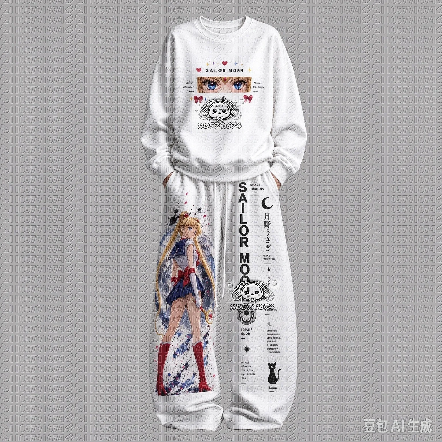 26/27 Sailor Moon Series Cartoon Print Crew Neck Sweatshirt Set Autumn Winter Sport Casual Couple 2 Piece Outfit FamilyMatching