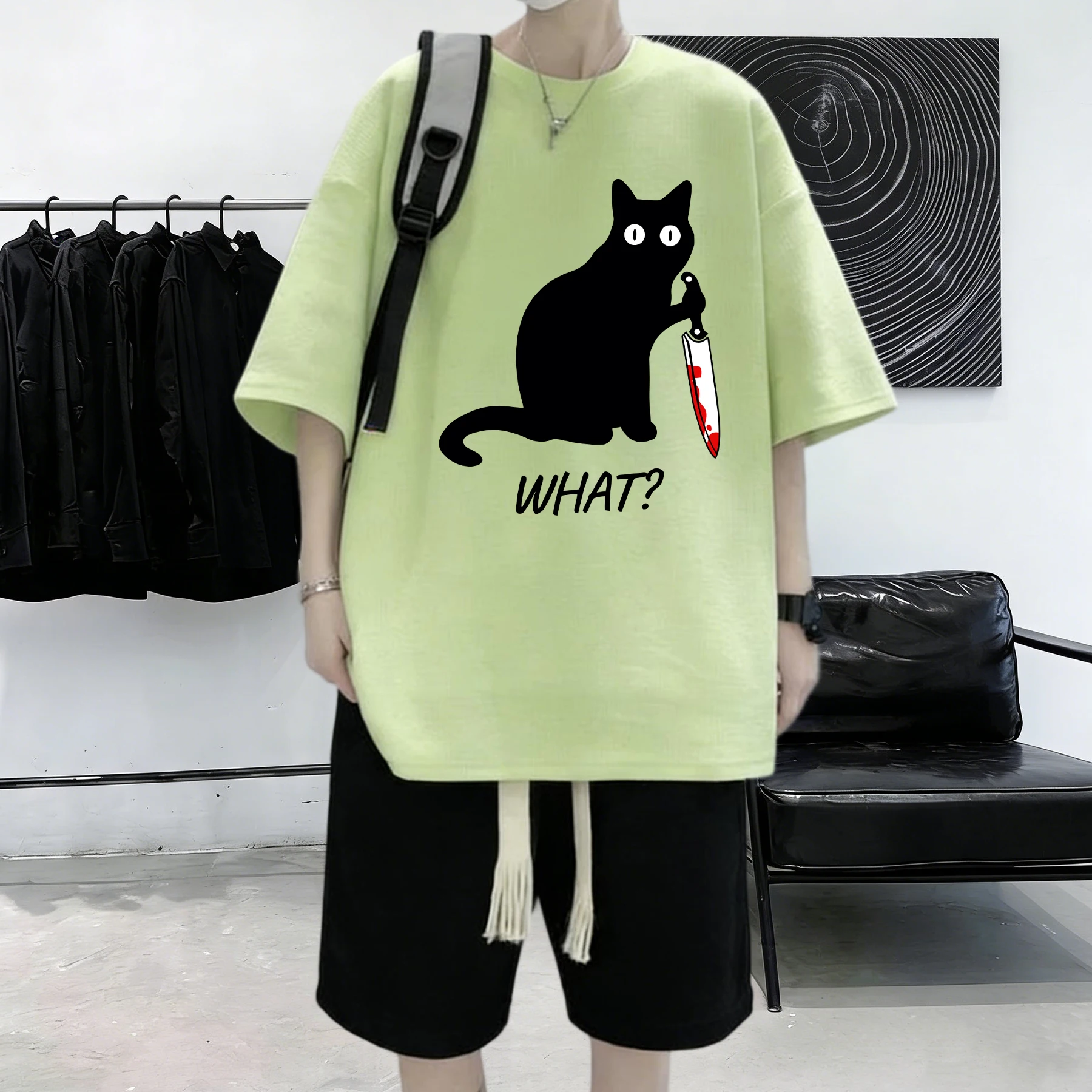 Working Make Me Happy Cartoon Cat Design Men Cotton All-Match T Shirt Comfortable Crewneck Tops Loose Unisex Summer Clothes