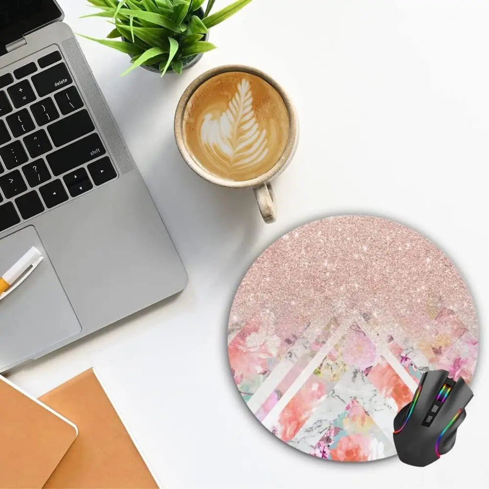 Rose Gold Glitter Floral Watercolor Round Mouse Pad Non-Slip Rubber Base Mousepad for Laptop Mousepad for Women 7.9 x 7.9 Inch