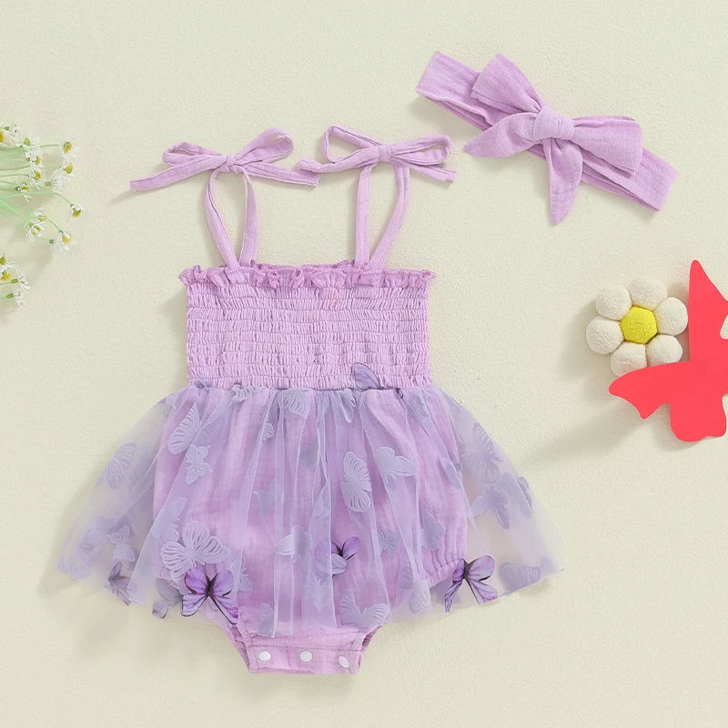 Newborn Baby Girl Outfits Tie-up Sleeveless Pleated Butterfly Tulle Patchwork Romper Dress with Hairband Summer Clothes