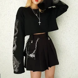 Gothic Punk Cool Girl Dragon Pattern T Shirts Long Sleeve Suspenders Crew Neck Black Crop Top Autumn Pullover Women T-Shirt