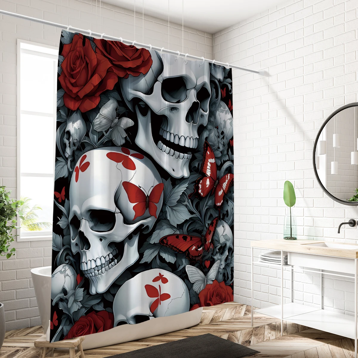 1pc waterproof fabric curtain with Halloween skull rose elements, suitable for bathrooms or kitchens