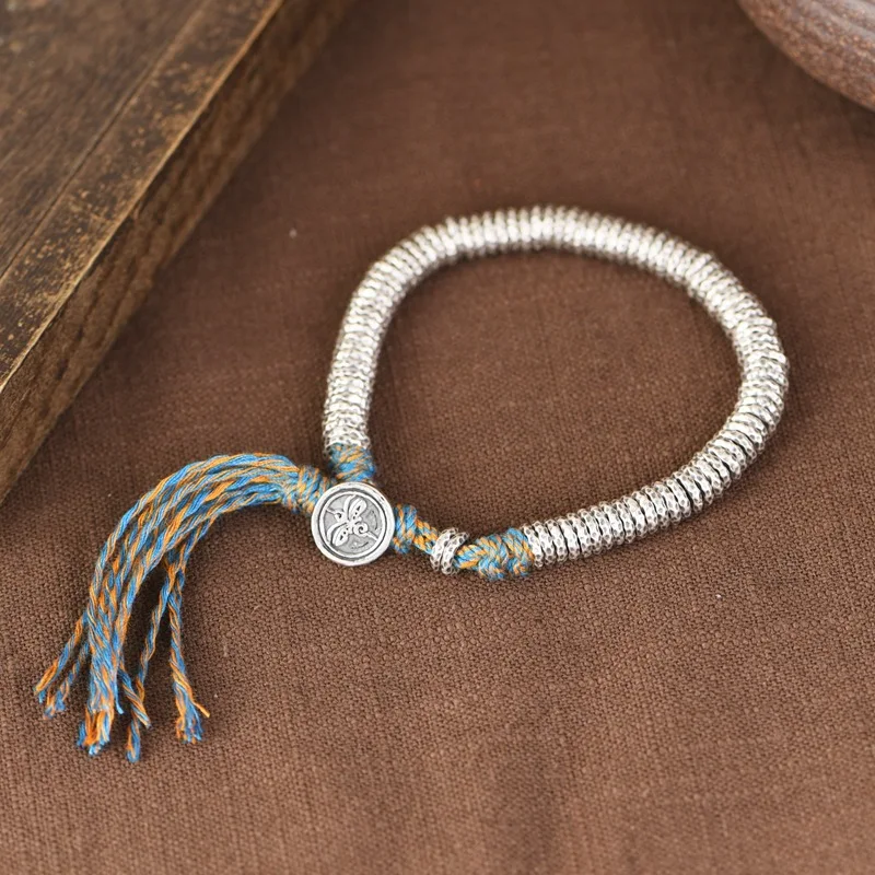 

Knocking Thai Silver Flakes Bracelets for Women Ethnic 999 Silver Blue Orange Woven Infinity Rope Bracelet Tibet Vintage Jewelry