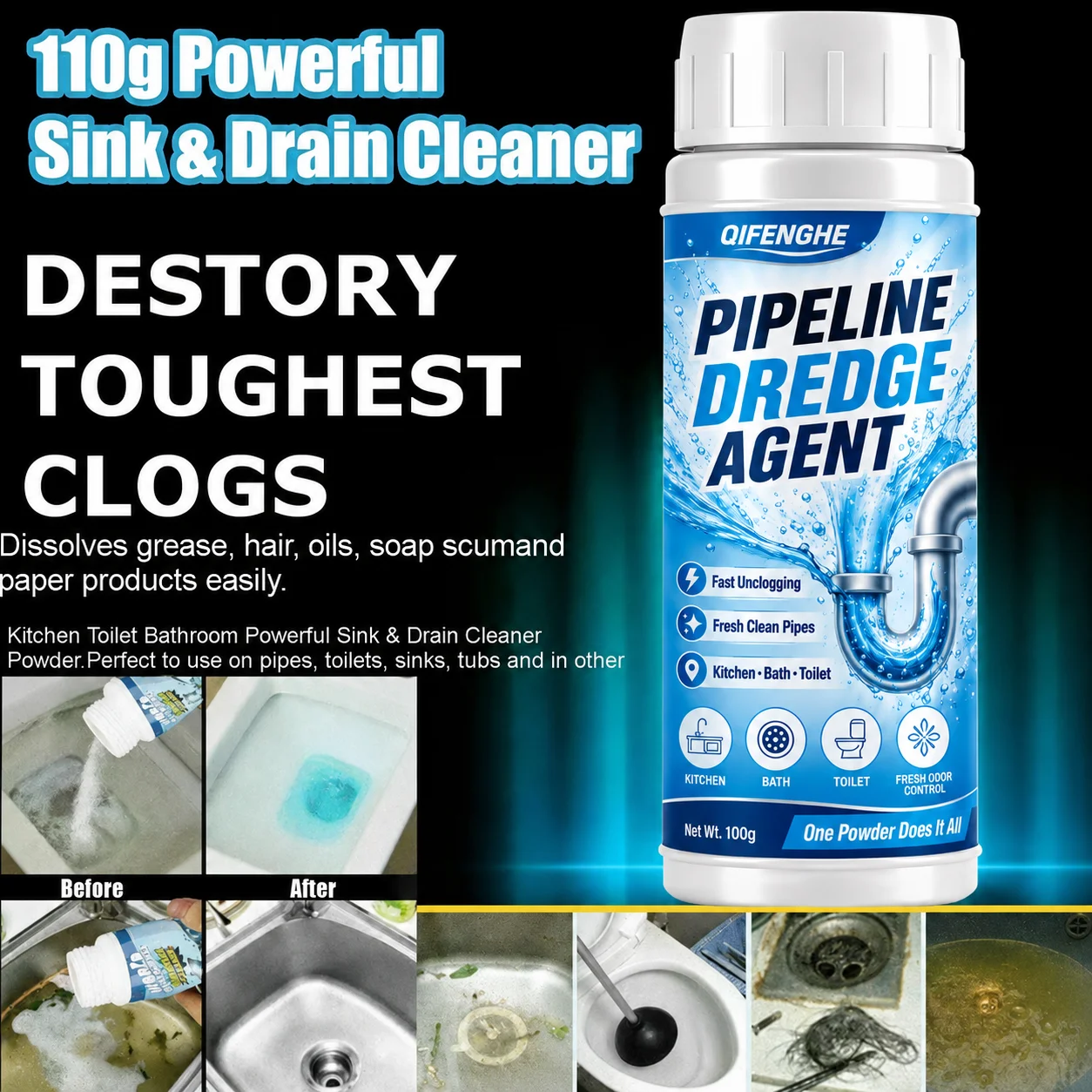 High Efficiency Sink Drain Cleaner Clog Remover Kitchen Sewer Power Pipe Channel Powder - Powerful Cleaning Tool for Home view 2