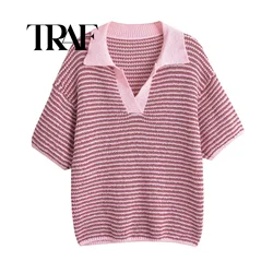 TRAF Women Knitted Sets Summer Sleeves Polo Collar Patchwork Striped Loose Sweater Oversize Pullovers Shorts Suits