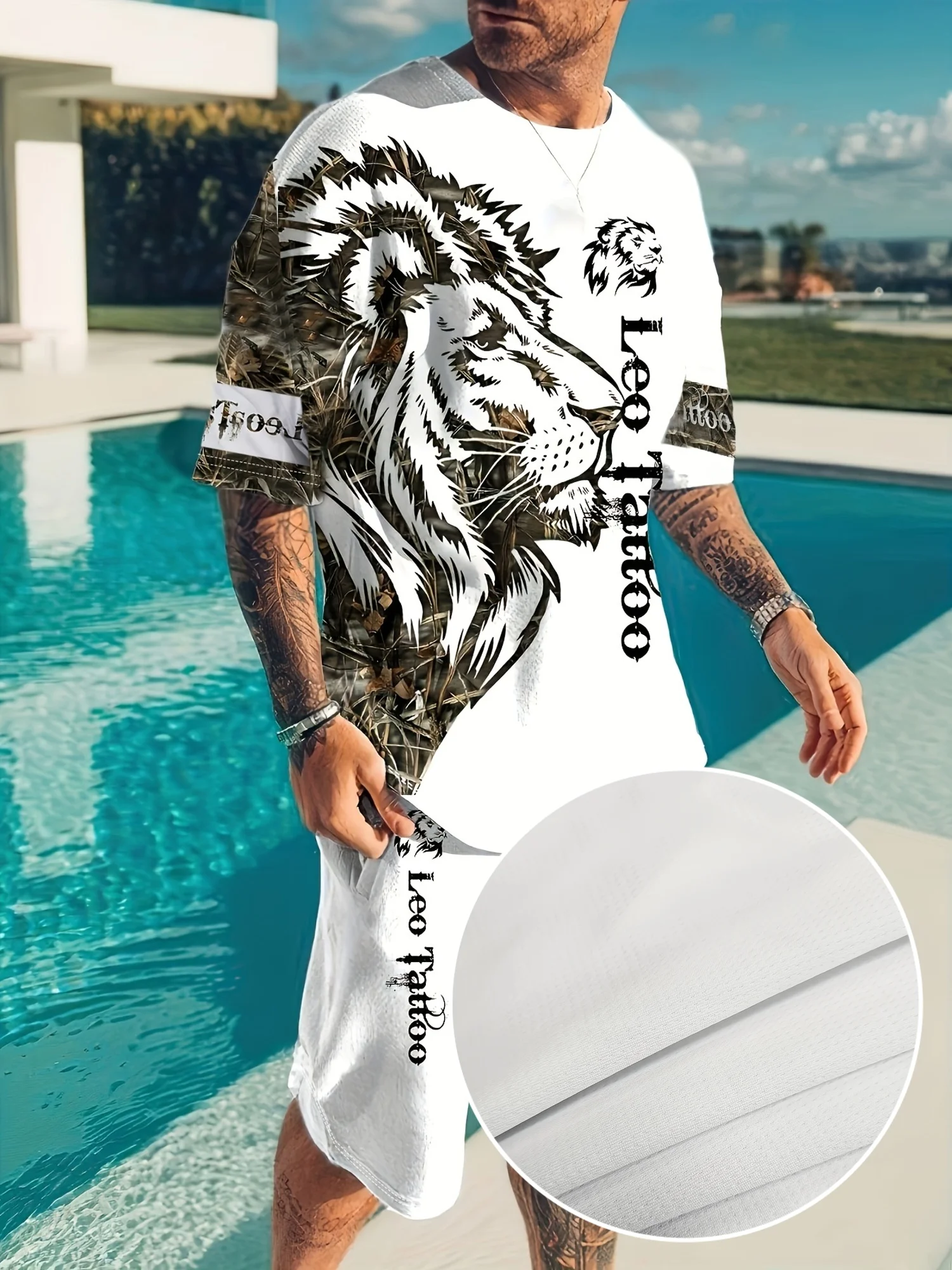 

Men's two-piece casual suit, creative lion print, crew neck short-sleeved T-shirt and loose shorts with drawstring pockets