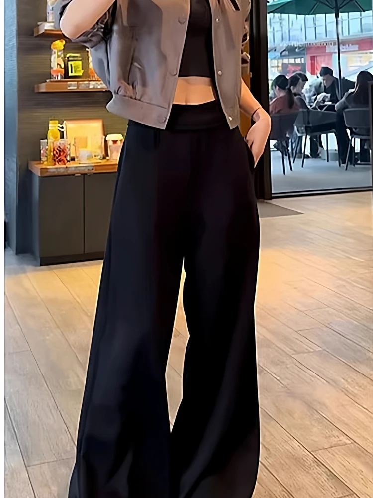 Amerikanischen Sle Hohe Taille ey Casual Hosen frauen Herbst Winter Neue Faion Gerade Bein Spor Lose Bodenlangen Hosen