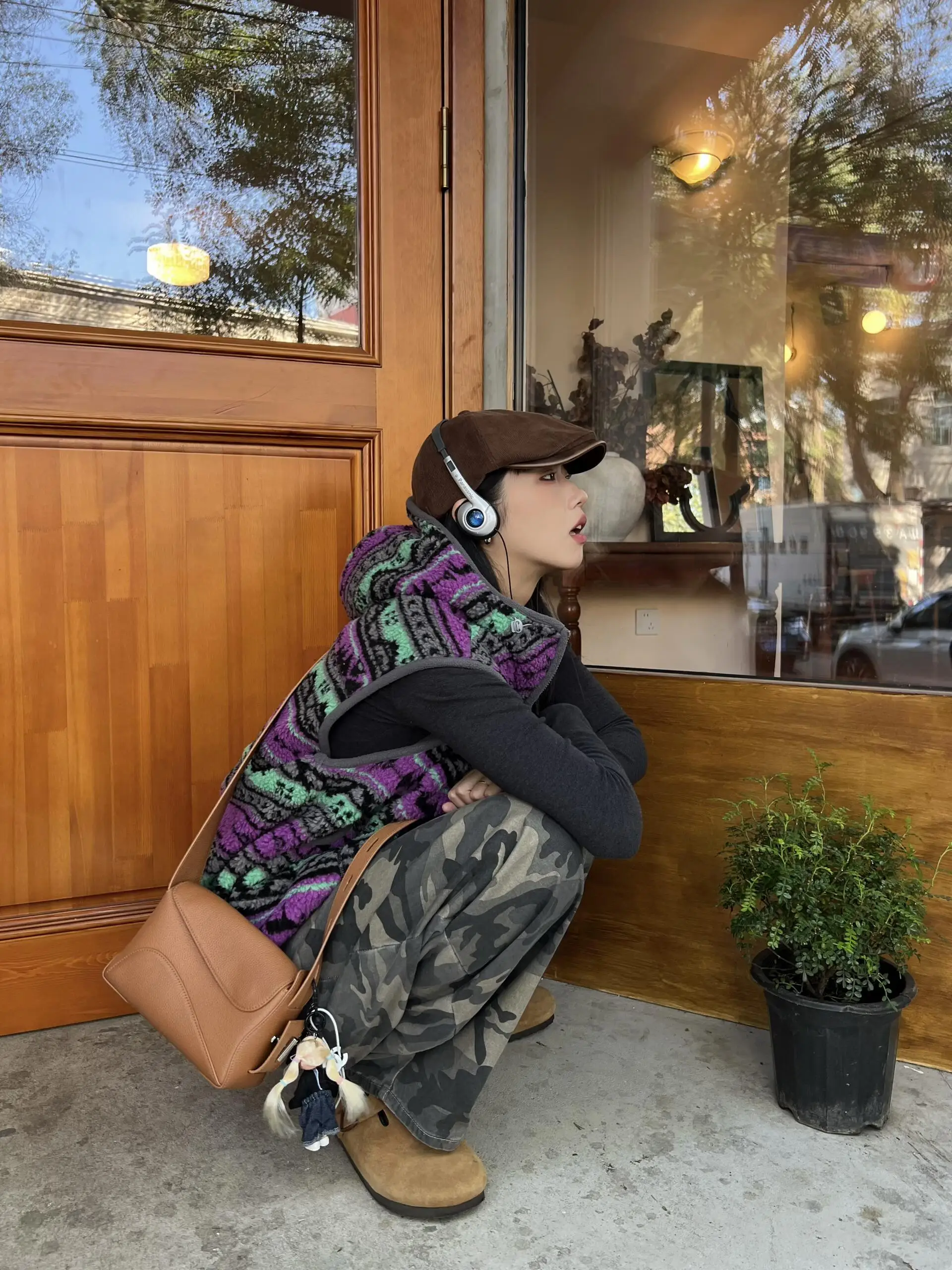 Gilet in Pelliccia d'Agnello Stile Fair Isle Retrò, Gilet con Cappuccio e Zip per Donna, Autunno Inverno, Giacca Leggera per il Pendolarismo